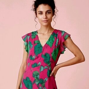 Tommy Hilfiger Pink Green Tropical Midi Dress | Flutter Sleeve | Size 10
